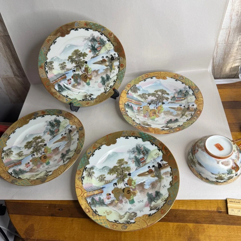 Vintage 5-Pc Kutani Japanese Eggshell Porcelain Teacup & Bread‎ Plates Gold Gilt